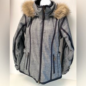 OBERMYER WOMENS BLACK TWEED & FAUX FUR TRIMMED SKI SNOWBOARDING JACKET SIZE 4